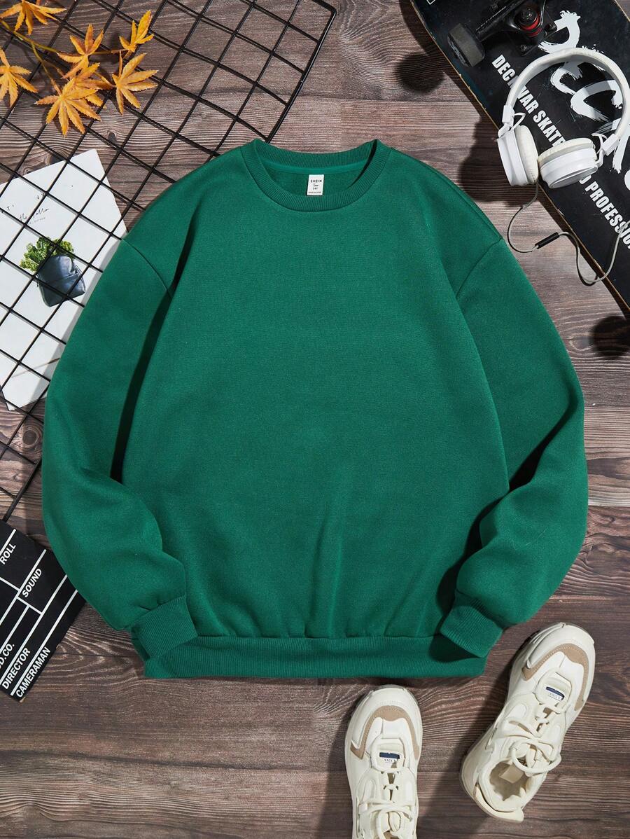 Teen Boy Solid Round Neck Pullover,In Fall/Winter - Green - View 1