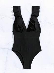 SHEIN Swim Ruffle Trim One Piece Swimsuit - Black - View 7