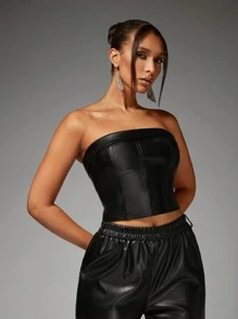 SHEIN BAE Women's Pu Leather Strapless Stretchy Crop Top, Sexy - Black - View 1