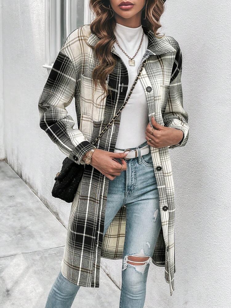 Plaid Print Drop Shoulder Coat