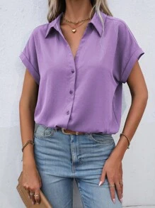 Wandoria Camisa unicolor de manga murciélago con botón delantero - Morado - Ver 3