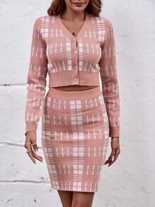 SHEIN Clasi Plaid Pattern Button Front Crop Cardigan - Pink - View 5