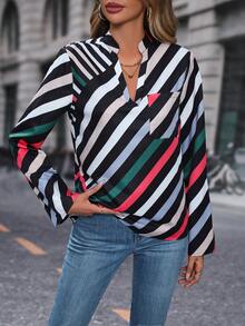 SHEIN LUNE 條紋印花捲邊袖襯衫 - 彩色 - 查看 4