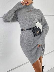 SHEIN Essnce Áo cao cổ Thả vai Đầm Áo len Không có túi thắt lưng - Xám - Xem 3