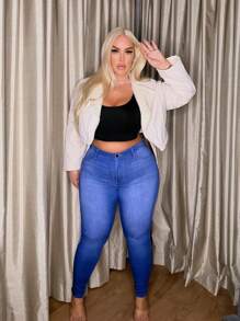 SHEIN SXY 大碼金屬扣環腰帶保暖夾克 - 杏色 - 查看 1