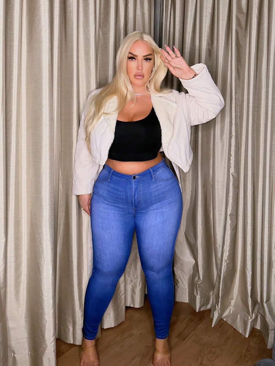 SHEIN SXY 大碼金屬扣環腰帶保暖夾克 - 杏色 - 查看 1