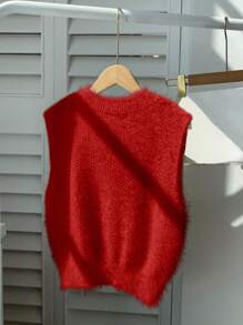 SHEIN Unity Solid Fuzzy Sweater Vest For New Year Clothes - Red - View 2