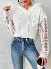 SHEIN LUNE Trang trí Fuzzy Thả vai Dây rút áo có mũ Dệt kim chấm bi Áo len - trắng - Xem 4