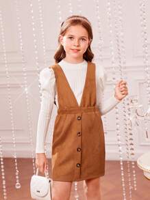 女大童1入組前紐扣背帶洋裝無毛衣 - 駝色 - 查看 1