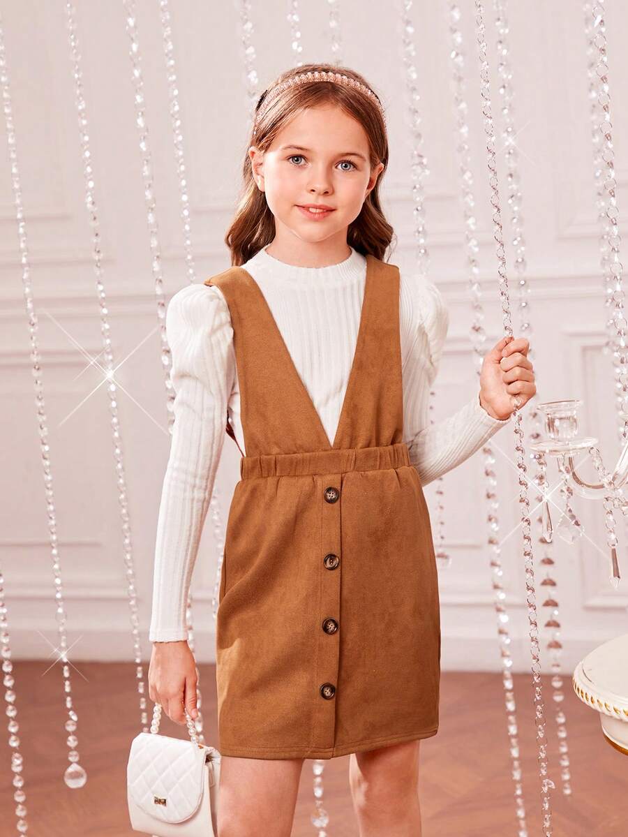 女大童1入組前紐扣背帶洋裝無毛衣 - 駝色 - 查看 1