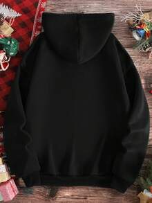 SHEIN EZwear 加大码圣诞印花袋鼠口袋抽绳保暖卫衣 - 黑色 - 查看 2