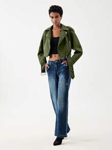 SHEIN BIZwear Zip Up Belted PU Leather Moto Jacket - Green - View 3