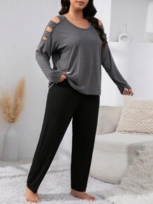 大碼鏤空插肩袖睡衣套裝 - 彩色 - 查看 5