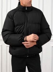 RueChic Men Raglan Sleeve Zipper Puffer Coat - Black - View 5