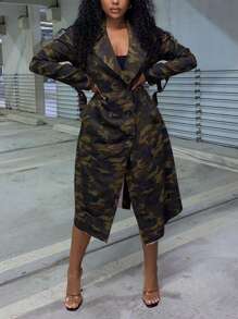 Slaydiva Camo Print Trench Coat - Army Green - View 1