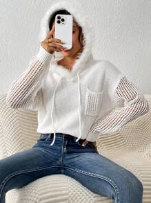 SHEIN LUNE Trang trí Fuzzy Thả vai Dây rút áo có mũ Dệt kim chấm bi Áo len - trắng - Xem 6