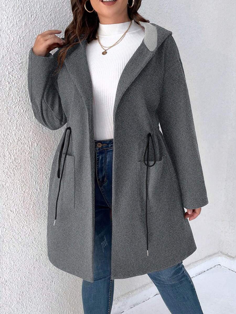 SHEIN LUNE Plus Drawstring Waist Dual Pocket Hooded Overcoat, For Winter - Dark Grey - View 1