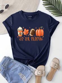 SHEIN LUNE 南瓜和標語圖案T恤 - 藏蓝色 - 查看 1