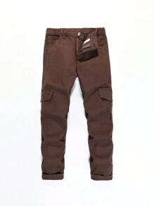 男童純色貨物口袋牛仔褲 - 咖啡棕 - 查看 1