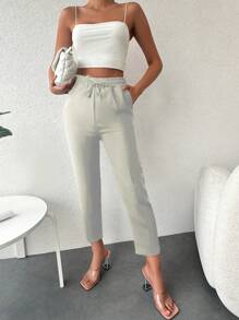 EURMUSE Pantalones de cintura con cordón con bolsillo oblicuo crop - Blanco - Ver 3