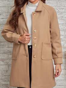 SHEIN LUNE Raglan Sleeve Pocket Patched Overcoat - Coffee Brown - View 5