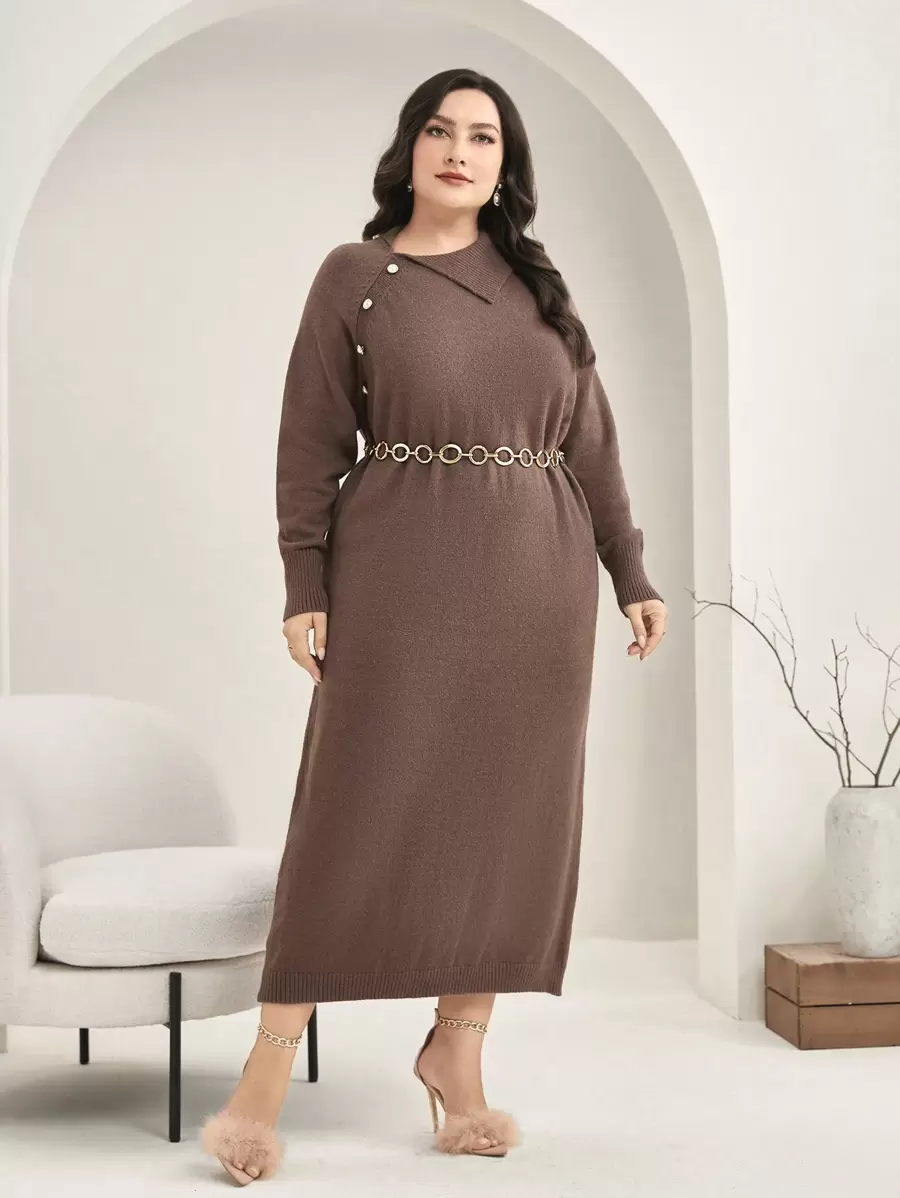 Mulvari Plus Asymmetrical Neck Button Detail Sweater Dress Without Belt Fall Cloth For Women - Coffee Brown - View 1