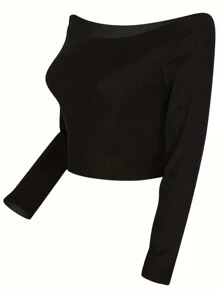 INAWLY Hơn Off Shoulder Đồ đan Ribbed Áo thun - màu đen - Xem 3
