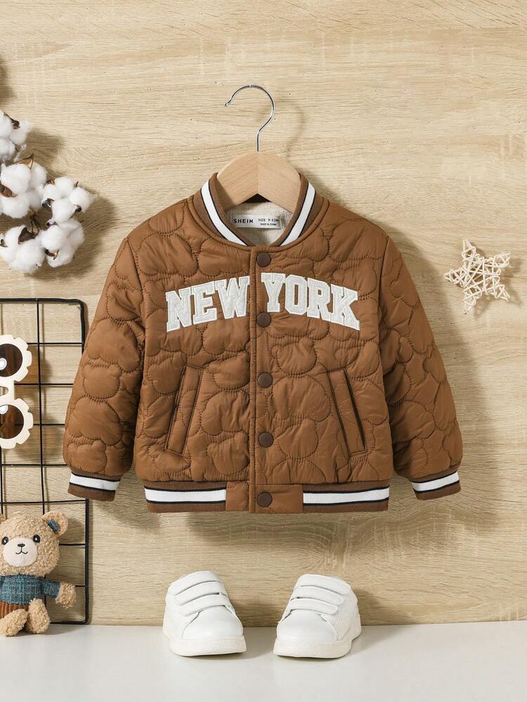 Baby Boy Letter Embroidery Striped Trim Quilted Varsity Coat
