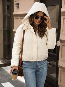 SHEIN LUNE Drawstring Hem Hooded Quilted Padded Coat Clothes Winter Fall Cloth For Women - Apricot - View 1
