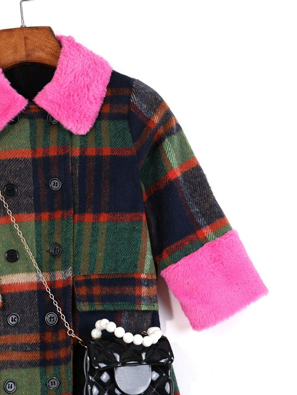 Young Girl Plaid Print Borg Collar Double Breasted Overcoat Autumn Fall