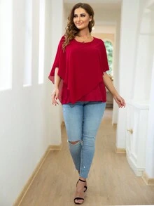 AAmilife Plus Solid Batwing Sleeve Blouse Summer - Burgundy - View 3