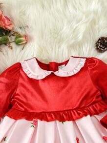 Bebé niña Vestido con estampado floral ribete con fruncido de cuello bobo