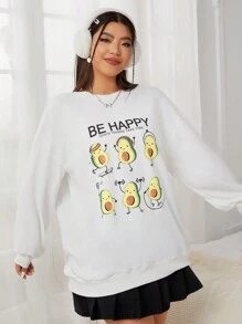 SHEIN EZwear Plus Size Guacamole & Letter Print Drop Shoulder Sweatshirt