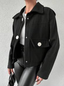 EURMUSE Flap Pocket Drop Shoulder Jacket - Black - View 3