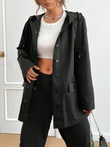 SHEIN EZwear Flap Detail Drop Shoulder Drawstring Hooded Coat