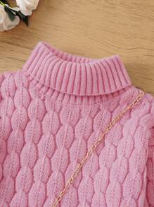 SHEIN Young Girl Turtleneck Cable Knit Sweater - Pink - View 6