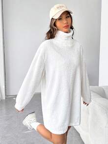 SHEIN EZwear Turtleneck Drop Shoulder Teddy Dress - White - View 5