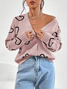 SHEIN Frenchy Heart Pattern Drop Shoulder Cardigan - Pink - View 6