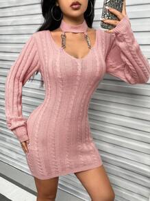 SHEIN Privé Chain Detail Cut Out Cable Knit Sweater Dress - Pink - View 4