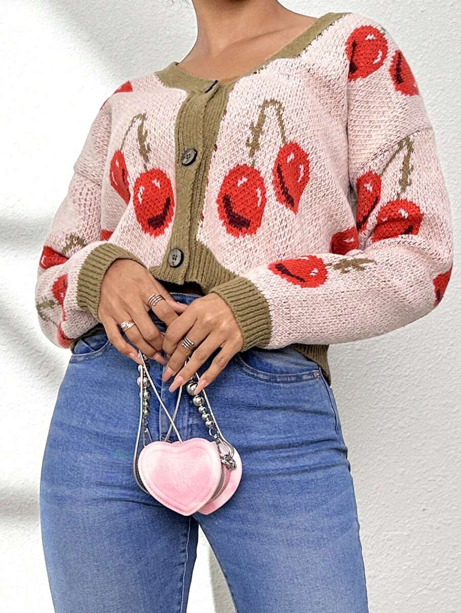 SHEIN Essnce 草莓圖案拼接邊前紐扣開襟衫 - 淺粉色 - 查看 1