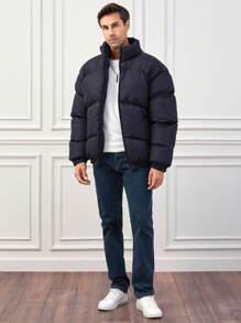 SHEIN Cottnline Men Slant Pockets Zip Up Puffer Coat - Navy Blue - View 5