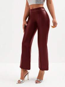 RueChic Solid Flare Leg Leather Look Pants - Coffee Brown - View 4