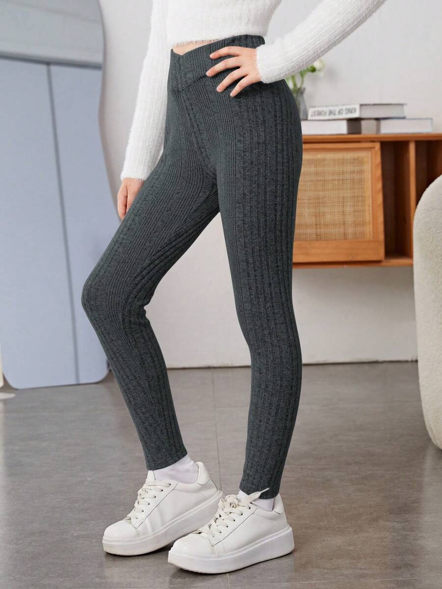 SHEIN Tween Girl High Waist Ribbed Knit Leggings - Dark Grey - View 1