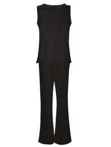 大码纯色吊带背心和阔腿裤，度假休闲黑色夏季优雅 - 黑色 - 查看 2