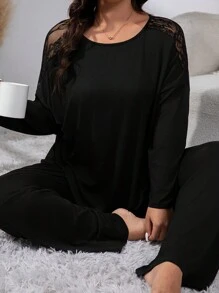 Snug Zone Plus Contrast Lace Drop Shoulder PJ Set / Pajama Set - Black - View 4