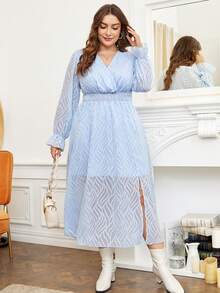 SHEIN Franclia Plus Surplice Neck Flounce Sleeve Dress - Blue - View 3