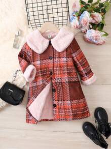 SHEIN Young Girl Plaid Print Borg Collar Teddy Lined Overcoat for Christmas - Red - View 1