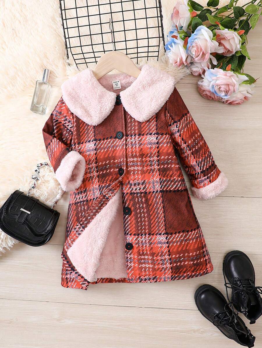 SHEIN Young Girl Plaid Print Borg Collar Teddy Lined Overcoat for Christmas - Red - View 1