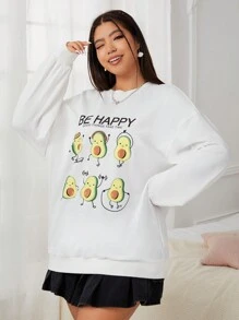 SHEIN EZwear Plus Size Guacamole & Letter Print Drop Shoulder Sweatshirt