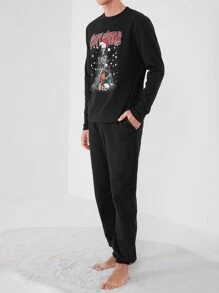 RueChic Men Letter & Christmas Print Tee & Sweatpants - Black - View 3